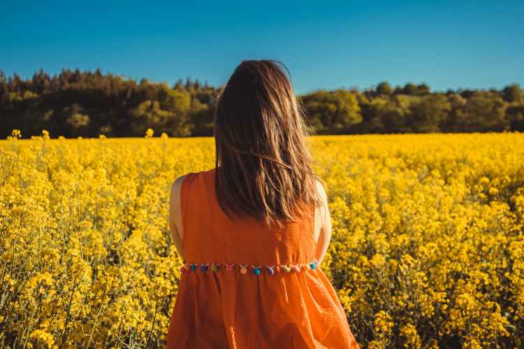photo of woman looking at a flower field